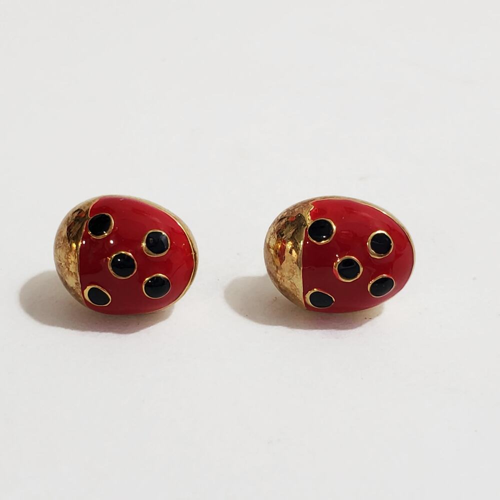 Vintage Gold Over Sterling Silver Enamel Ladybug Stud Earrings Italy - Picture 5 of 6